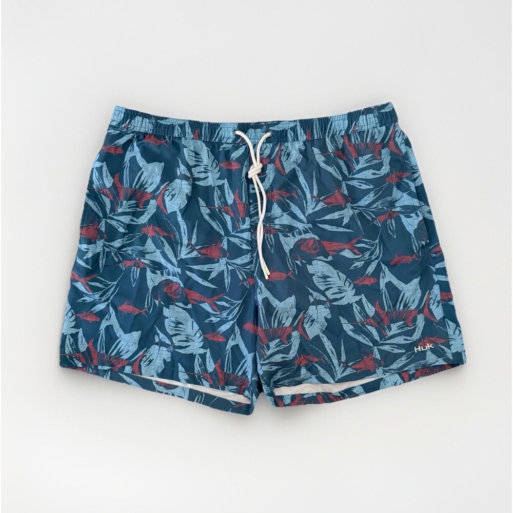 HUK Men's Sz XL NWT Pursuit Ocean Palm Fish Volley Swim Shorts Blue 5.5” Inseam